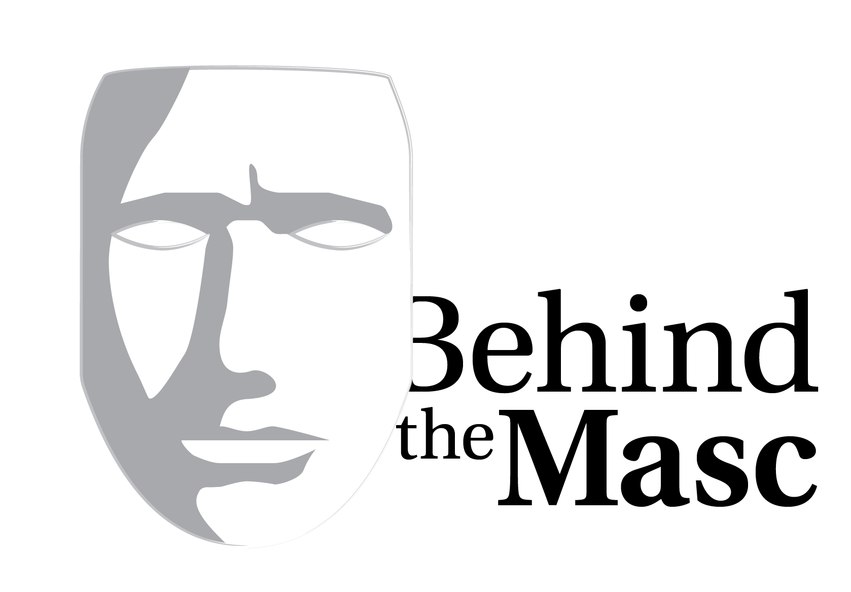 Logo for Behind the Masc, a white drama mask with the logo type emerging from behind it